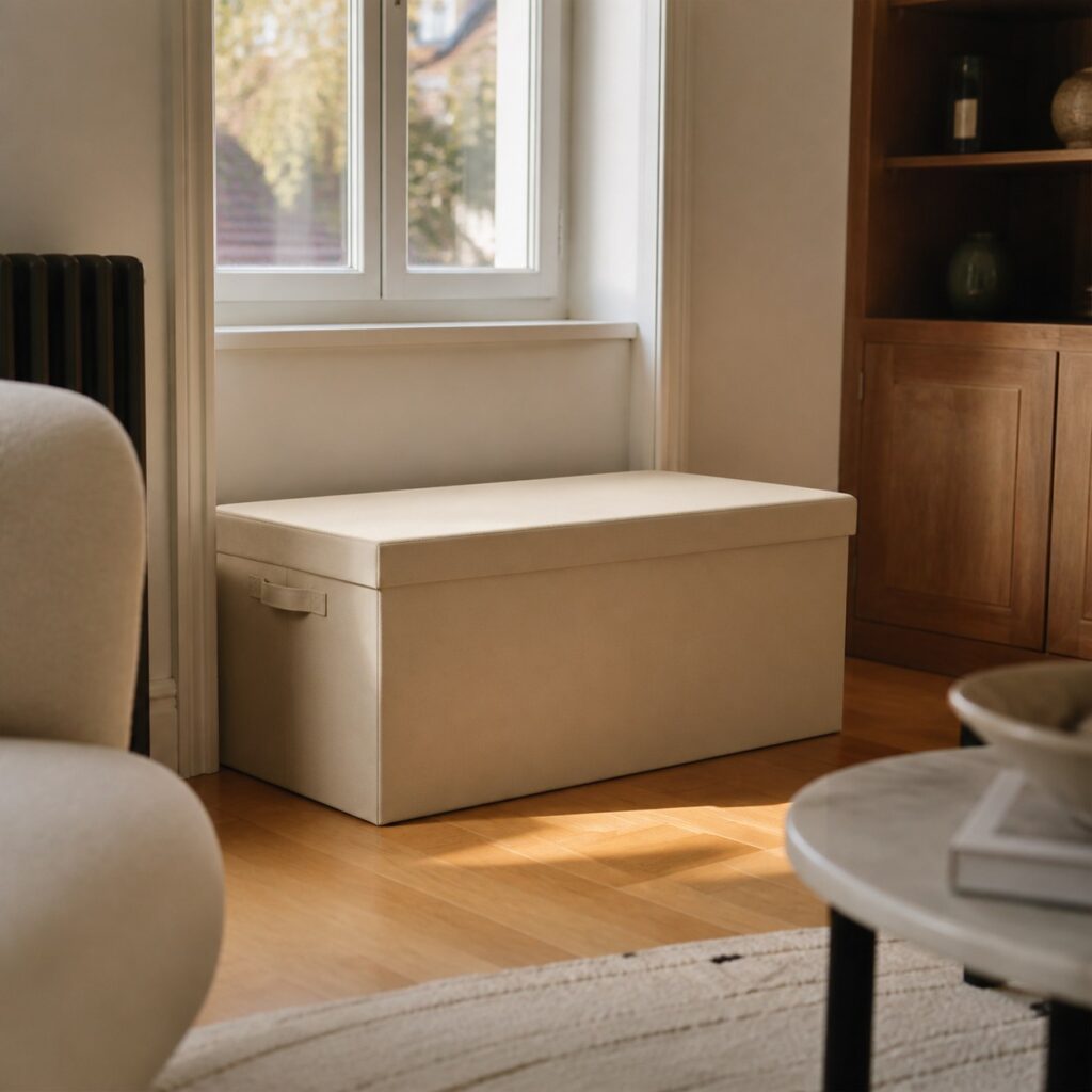Grande malle beige posée sous une fenêtre dans un séjour au parquet chêne