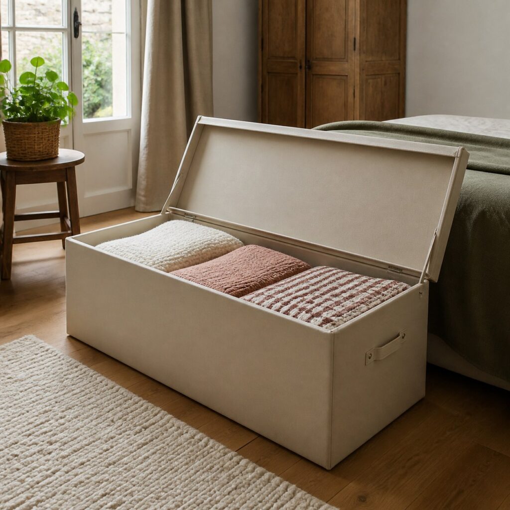 Grande malle beige ouverte, remplie de couvertures pliées dans une chambre