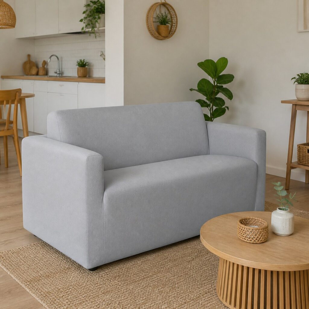 Banquette deux places habillée de gris clair vue de trois quarts avec table basse ronde