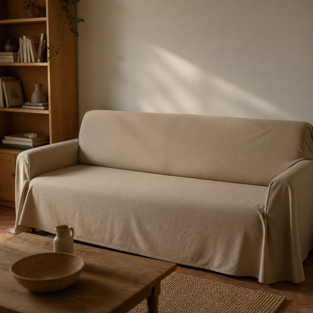 Housse beige posée sur une banquette droite trois places le long d'un mur clair