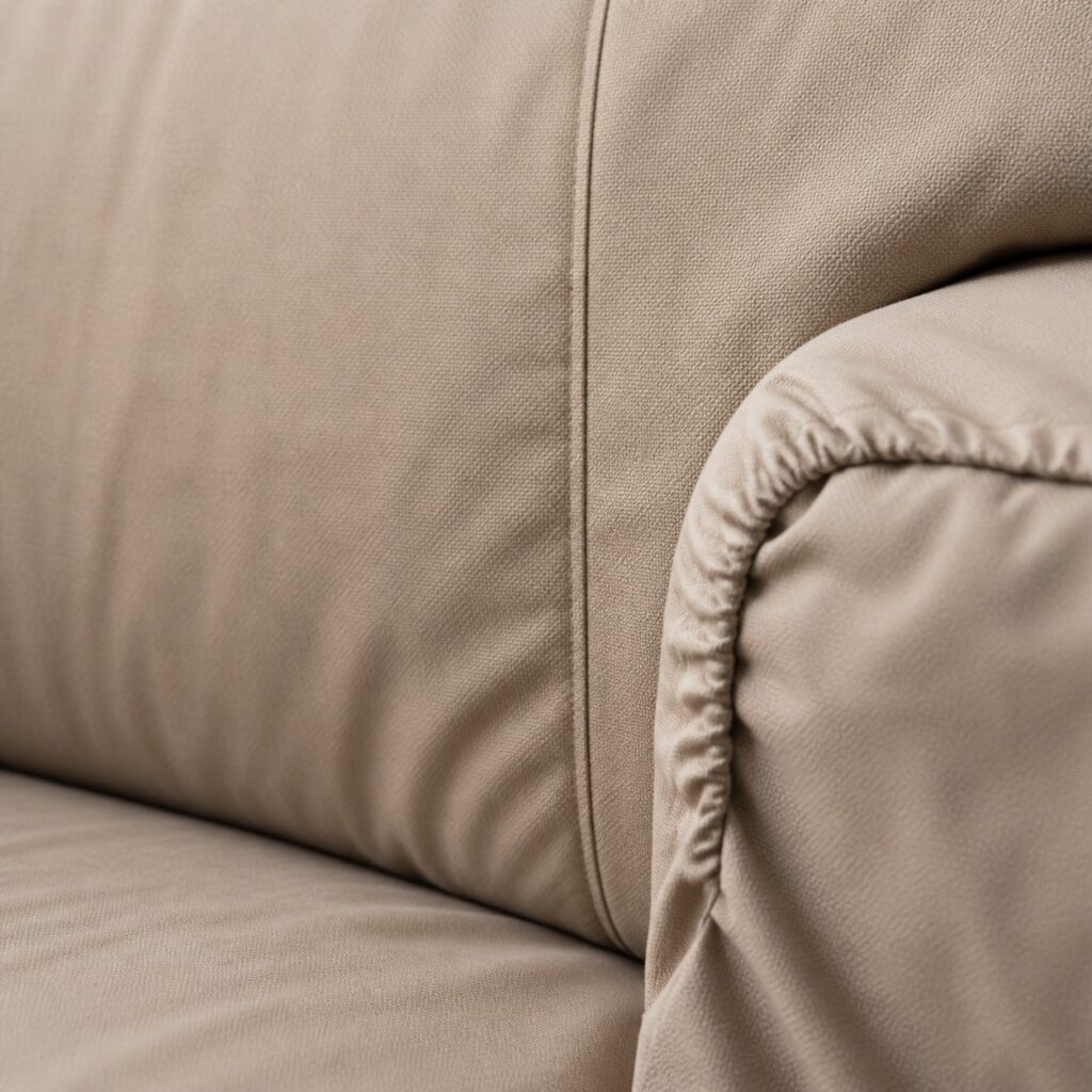 Gros plan sur la couture centrale et le manchon d'accoudoir froncé d'une housse beige