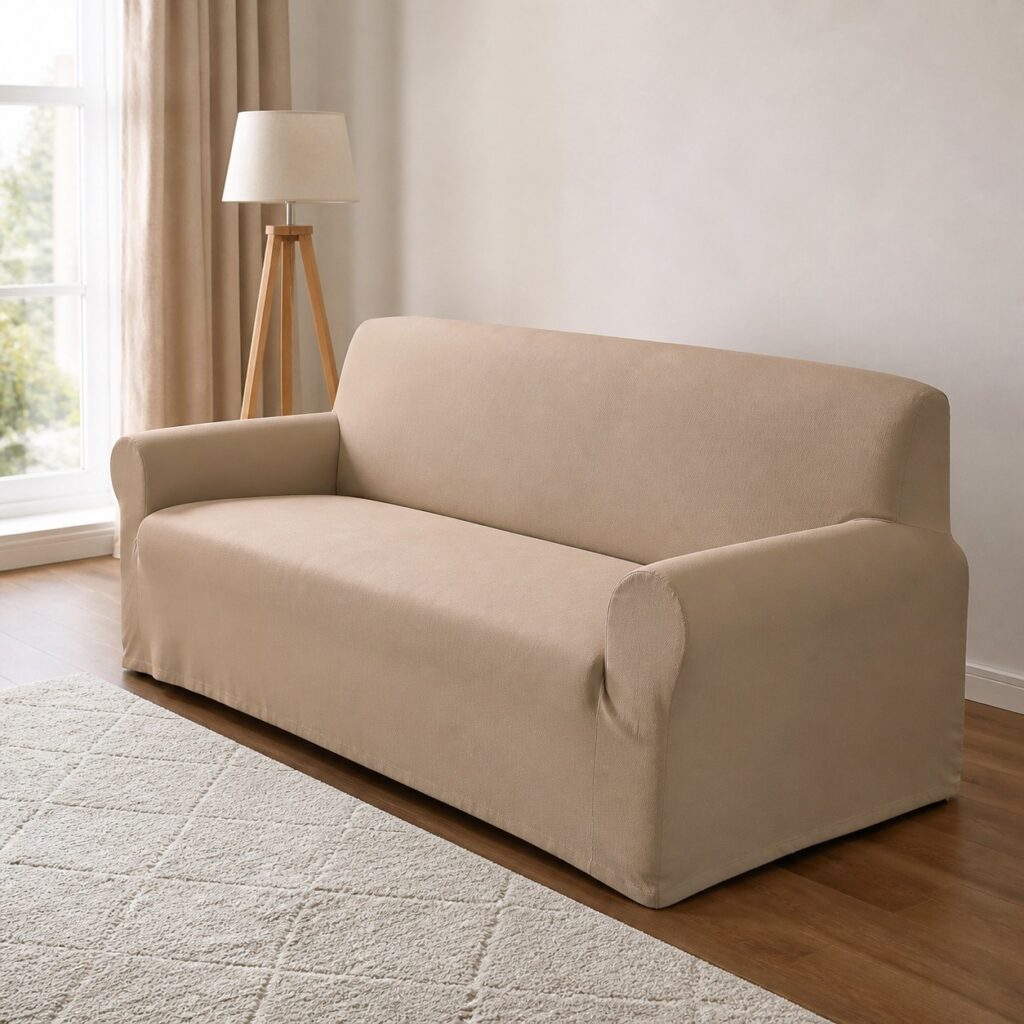 Canapé trois places habillé de beige vu de biais dans un séjour avec lampe et tapis