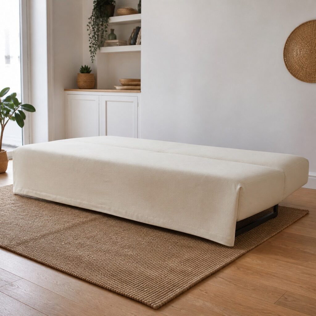 Banquette convertible dépliée en couchage, housse écrue lissée à plat