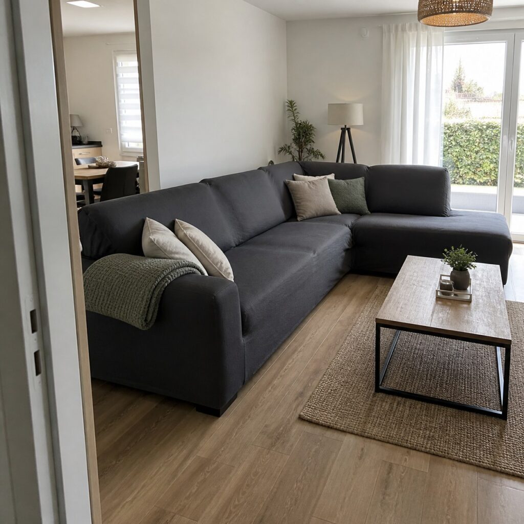 Canapé d'angle housse de gris anthracite vu depuis l'entrée du séjour avec coussins et plaid
