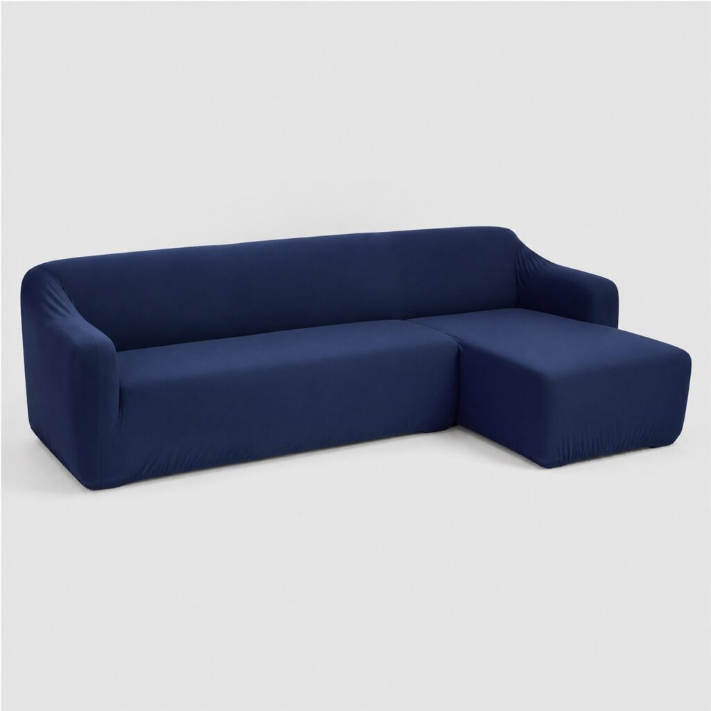 Housse de canapé d'angle universelle en polyester bleu nuit sur fond gris très clair