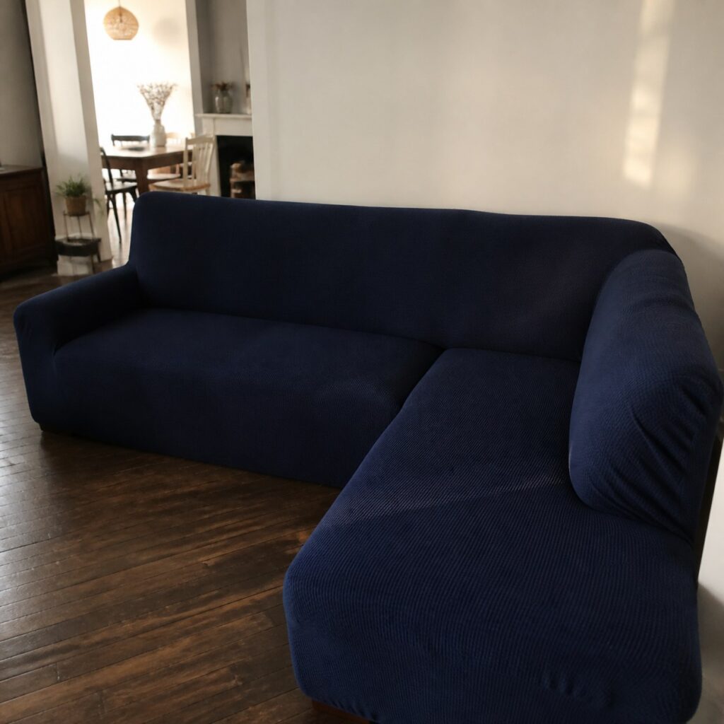 Housse bleu nuit posée sur un canapé d'angle ancien dans un séjour au parquet foncé