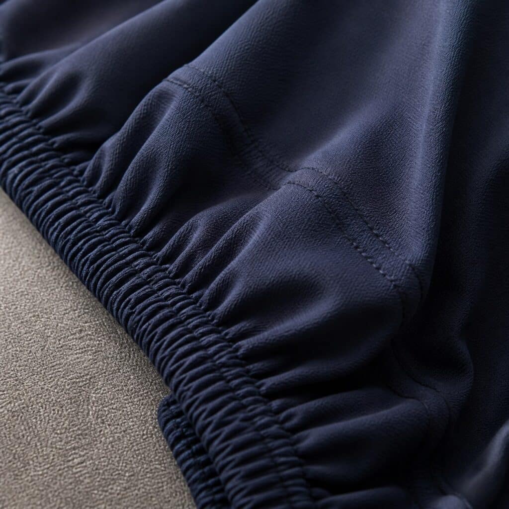 Gros plan sur l'ourlet élastique et la couture extensible d'une housse bleu nuit