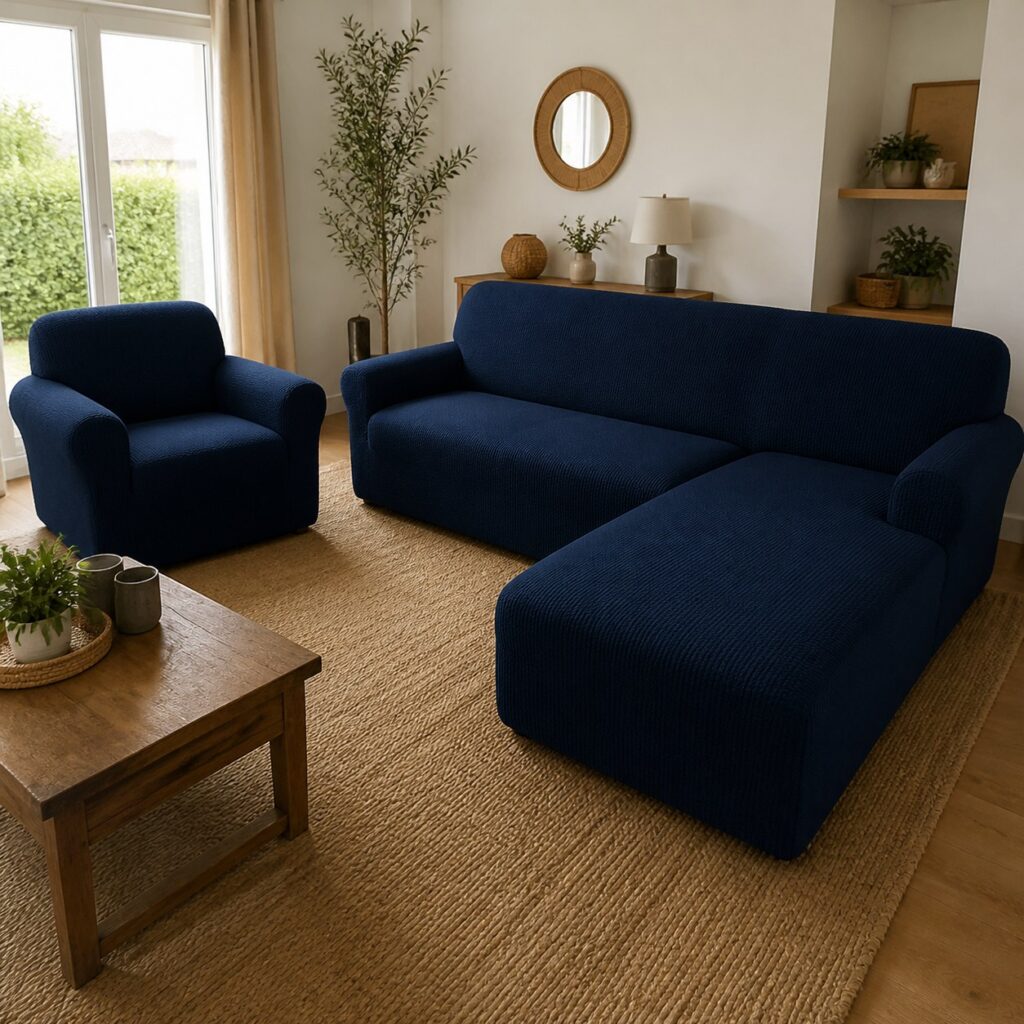 Canapé d'angle habillé de bleu nuit vu de biais avec un fauteuil assorti