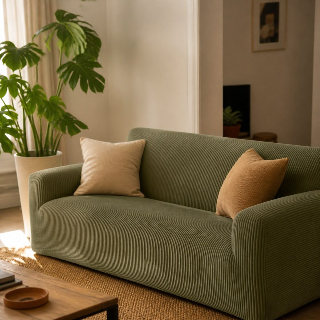 Housse en velours côtelé vert sauge posée sur un canapé droit près d'une plante verte