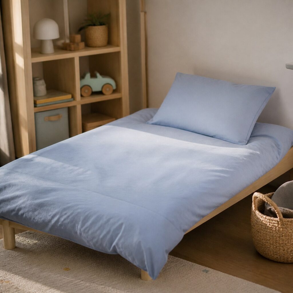 Housse de couette bleu ciel posée sur un lit d'enfant dans une chambre claire