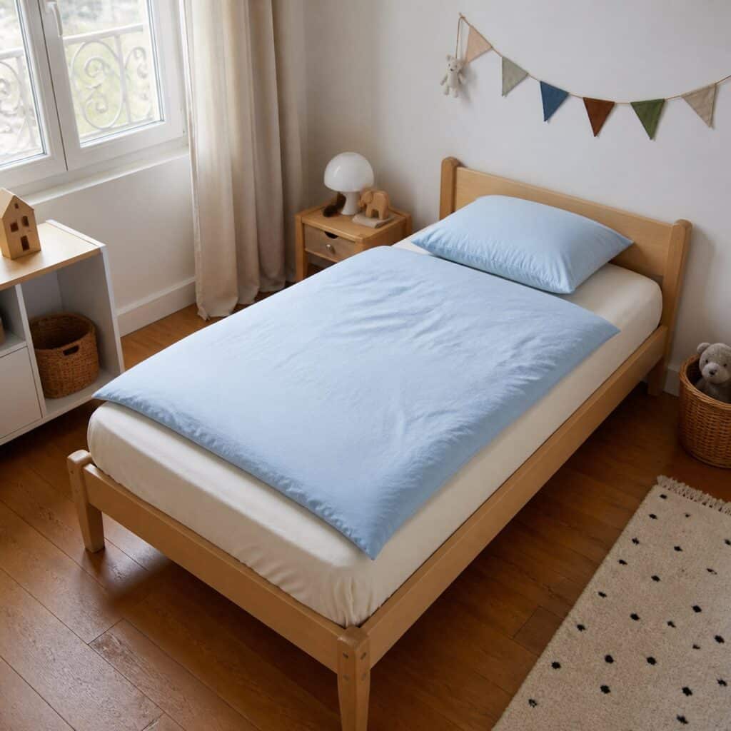 Housse de couette 100x140 vue de trois quarts sur un lit d'enfant