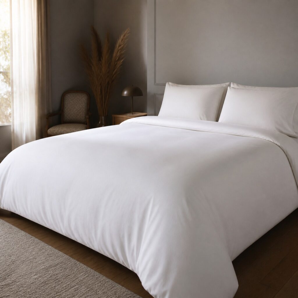 Housse de couette blanche installée sur un grand lit dans une chambre parentale