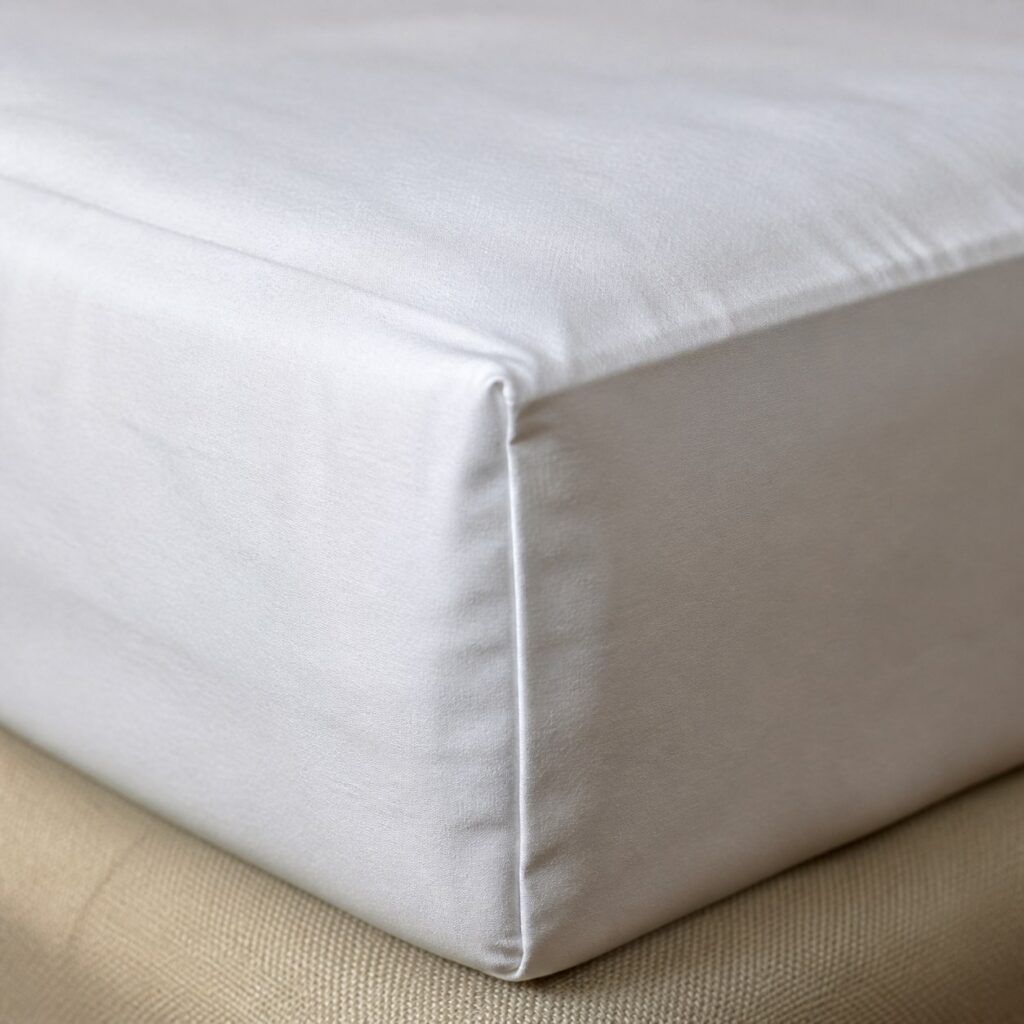 Gros plan sur l'angle cousu et le retour latéral d'une housse de couette blanche