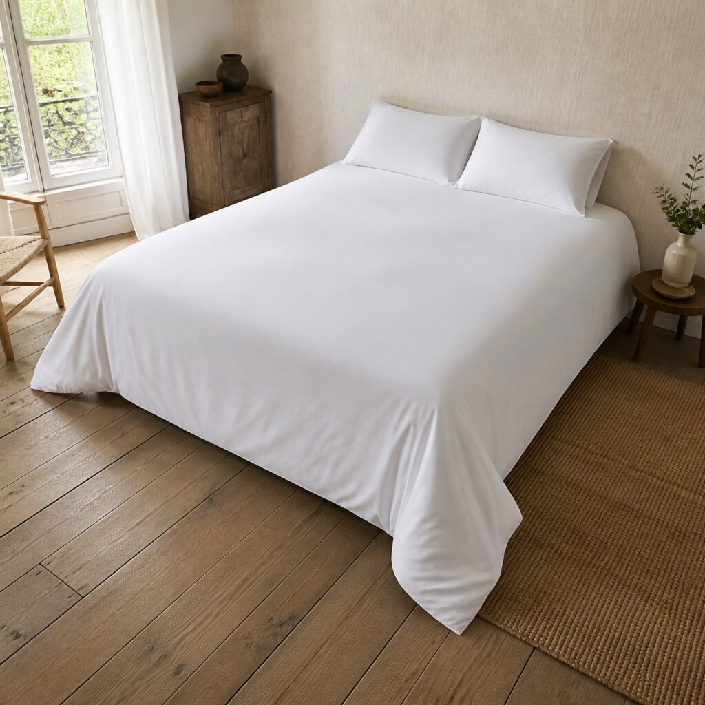 Housse de couette 260x240 vue en plongée, retour latéral tombant des deux côtés