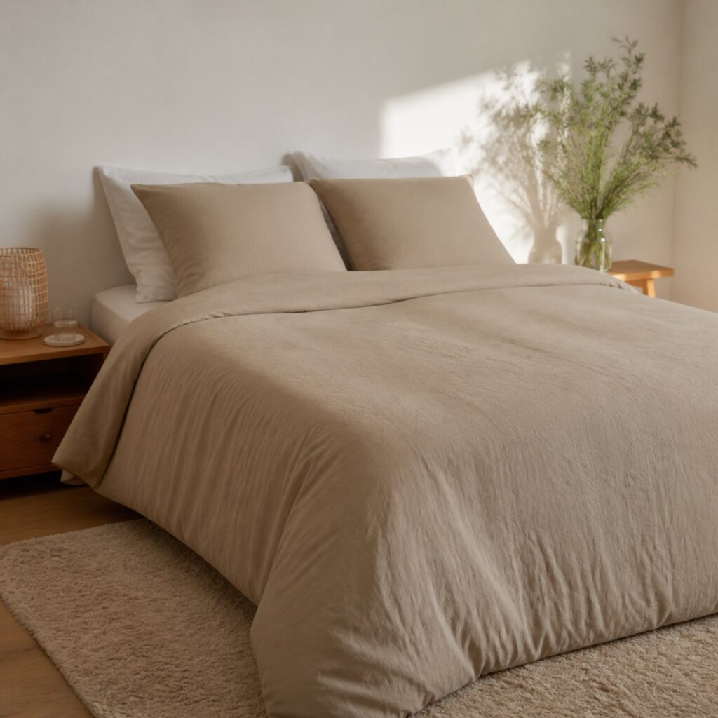 Housse de couette beige posée sur un lit double dans une chambre claire