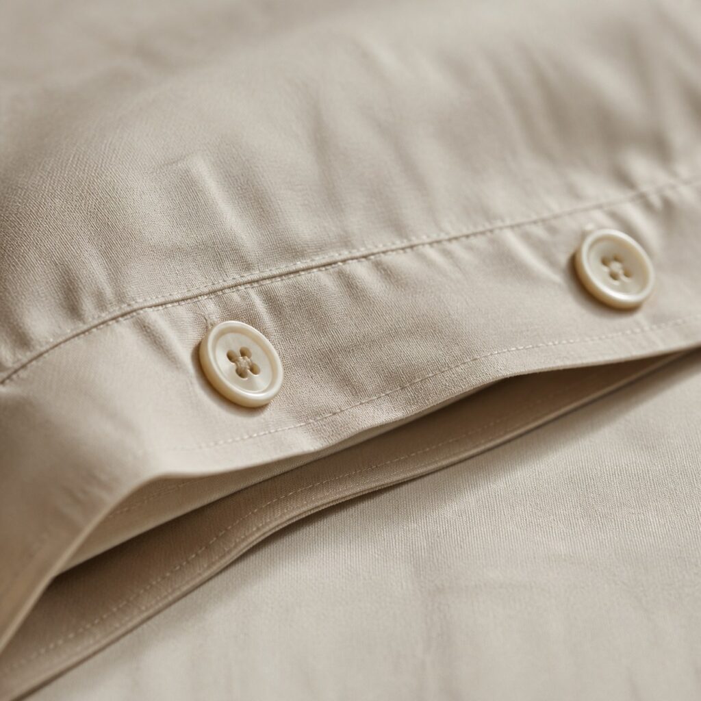 Gros plan sur l'ourlet et les boutons du bas d'une housse de couette beige