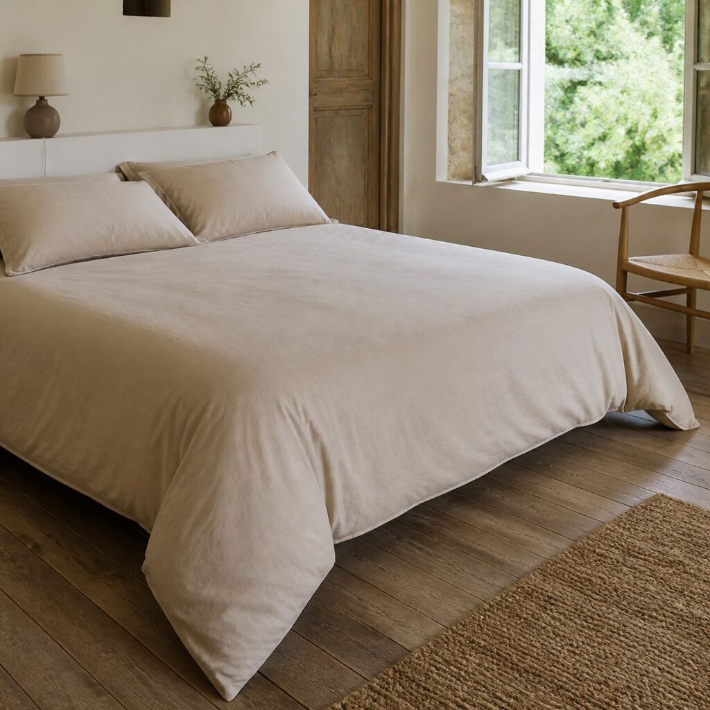 Housse de couette 220x240 vue du pied du lit, retombée sur les deux côtés