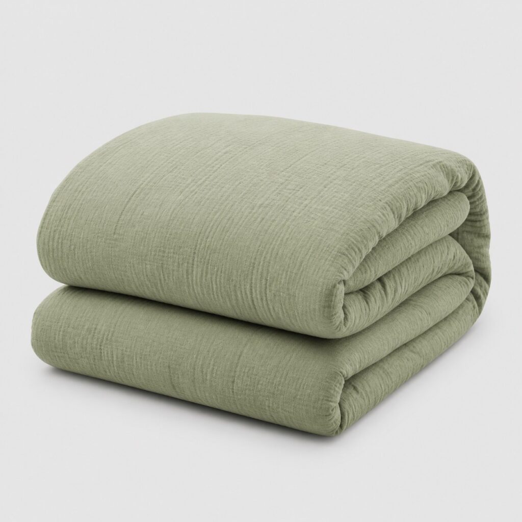 Housse de couette en gaze de coton vert sauge sur fond gris clair
