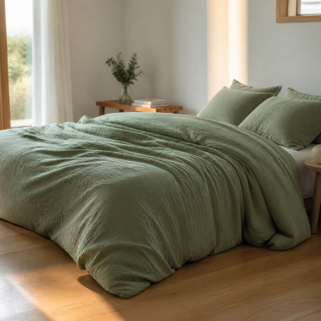Housse de couette en gaze vert sauge sur un lit bas dans une chambre lumineuse