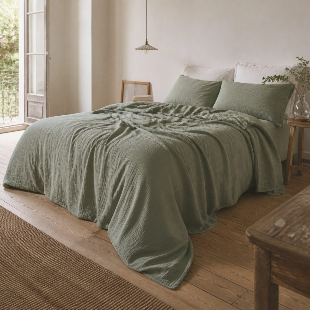 Housse de couette en gaze vue de biais, retombant en plis souples