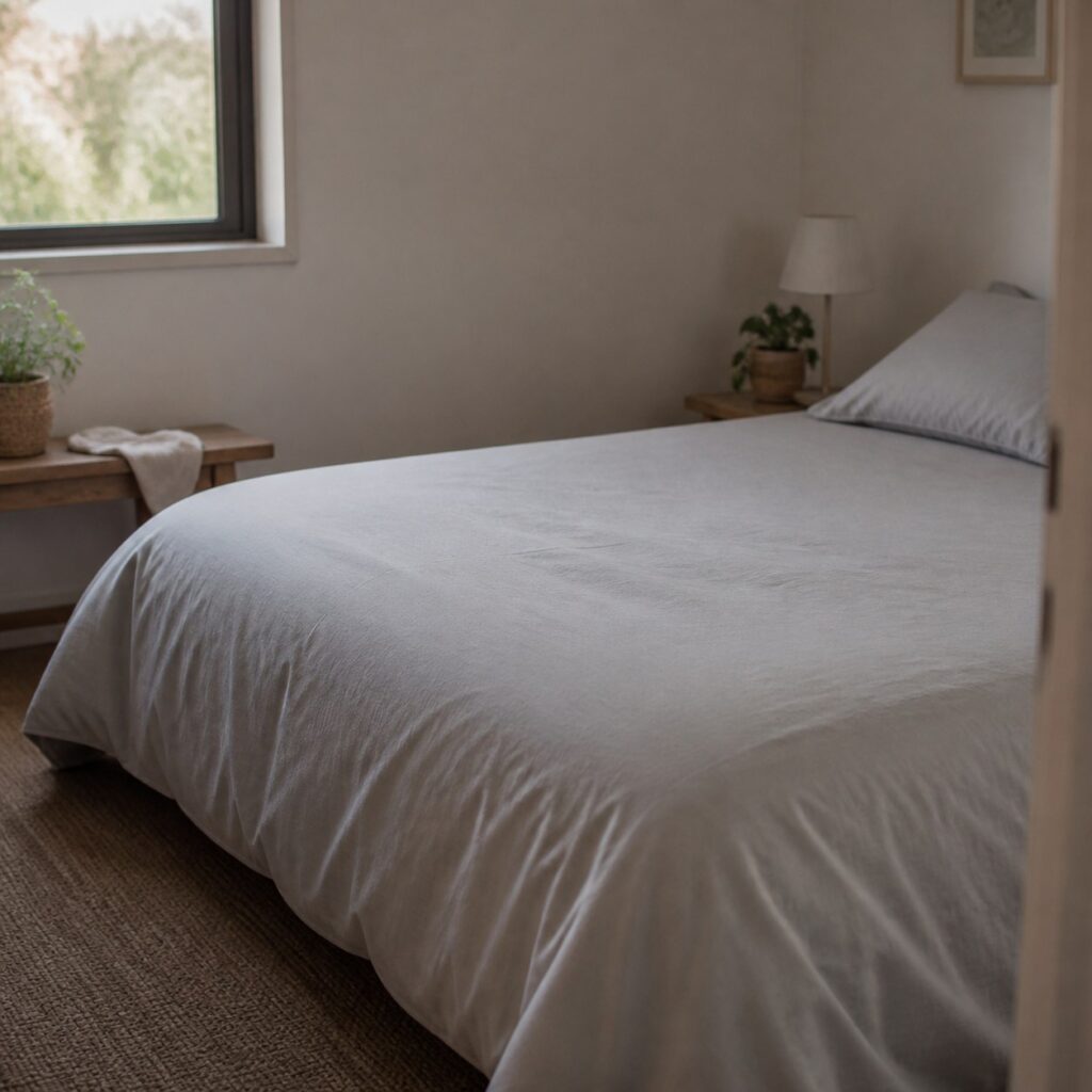 Housse de couette gris clair sur un lit dans une chambre d'appoint sobre
