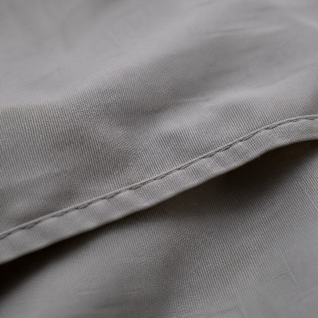 Gros plan sur l'ourlet et le grain d'une housse de couette en coton gris clair