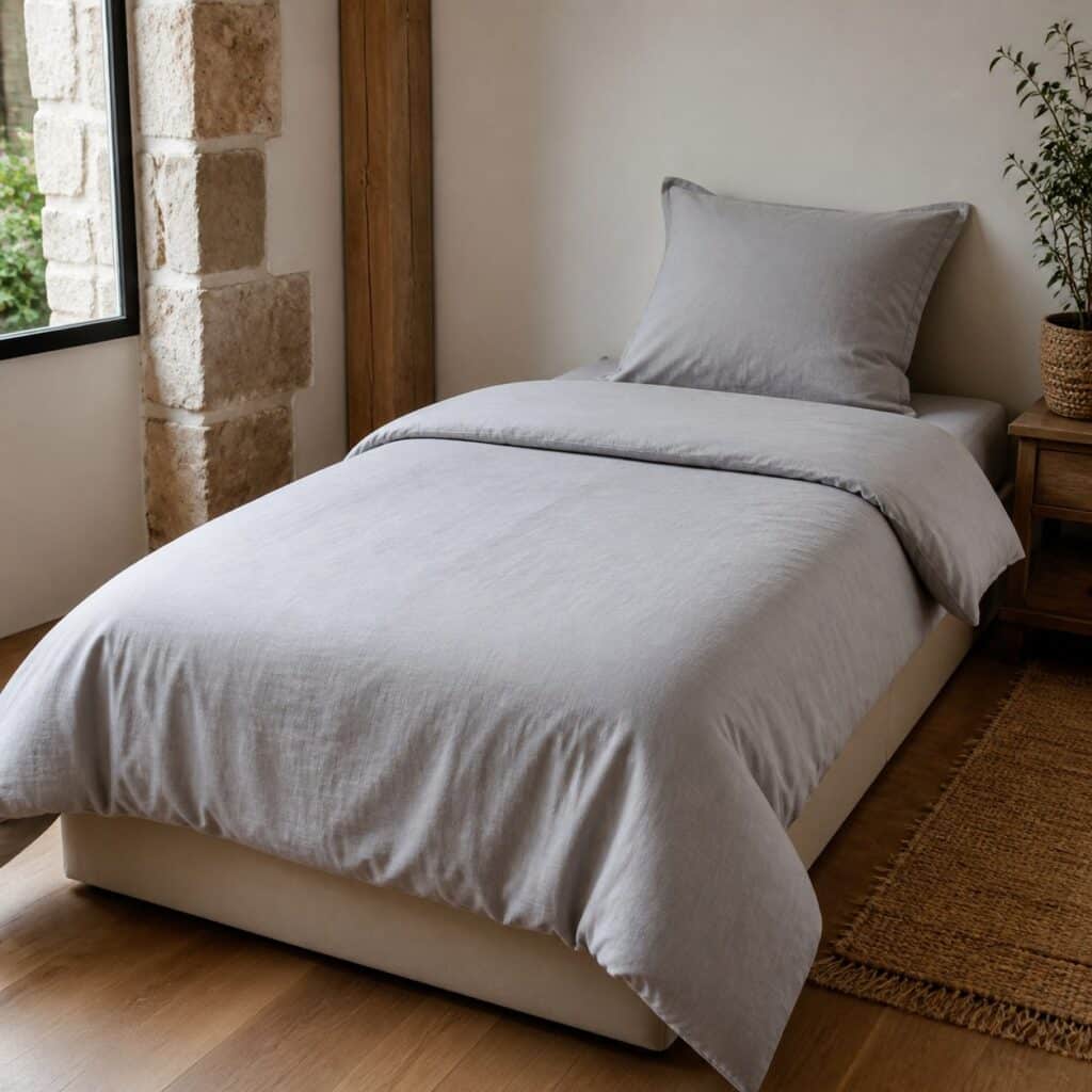 Housse de couette gris clair vue de trois quarts, pliée au pied du matelas