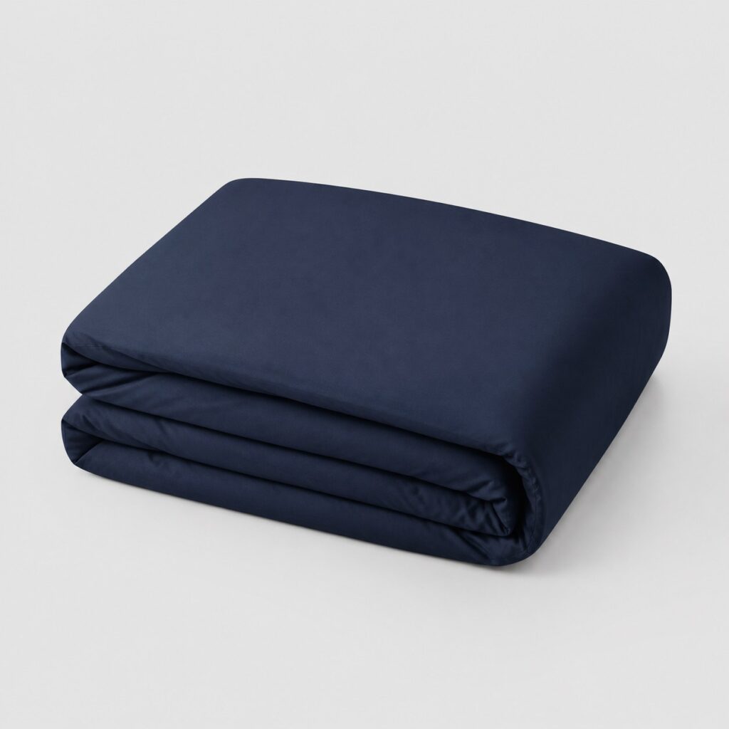 Housse de couette en percale de coton bleu nuit sur fond gris clair