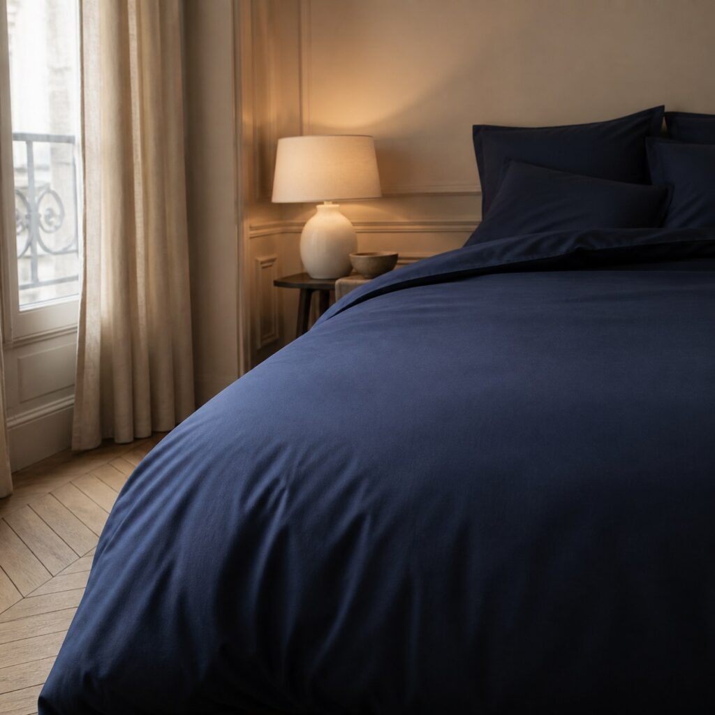 Housse de couette en percale bleu nuit sur un lit dans une chambre élégante