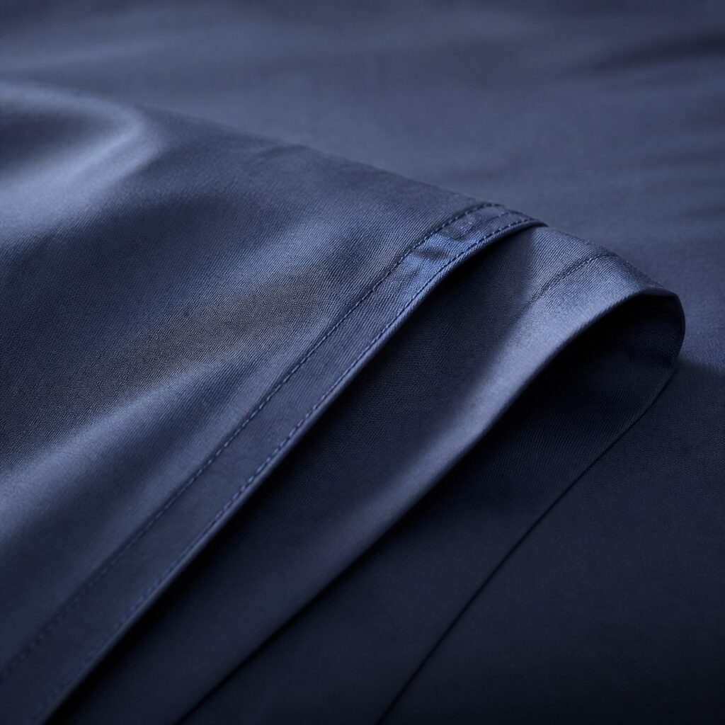 Gros plan sur le tissage serré et la surpiqûre d'une percale bleu nuit