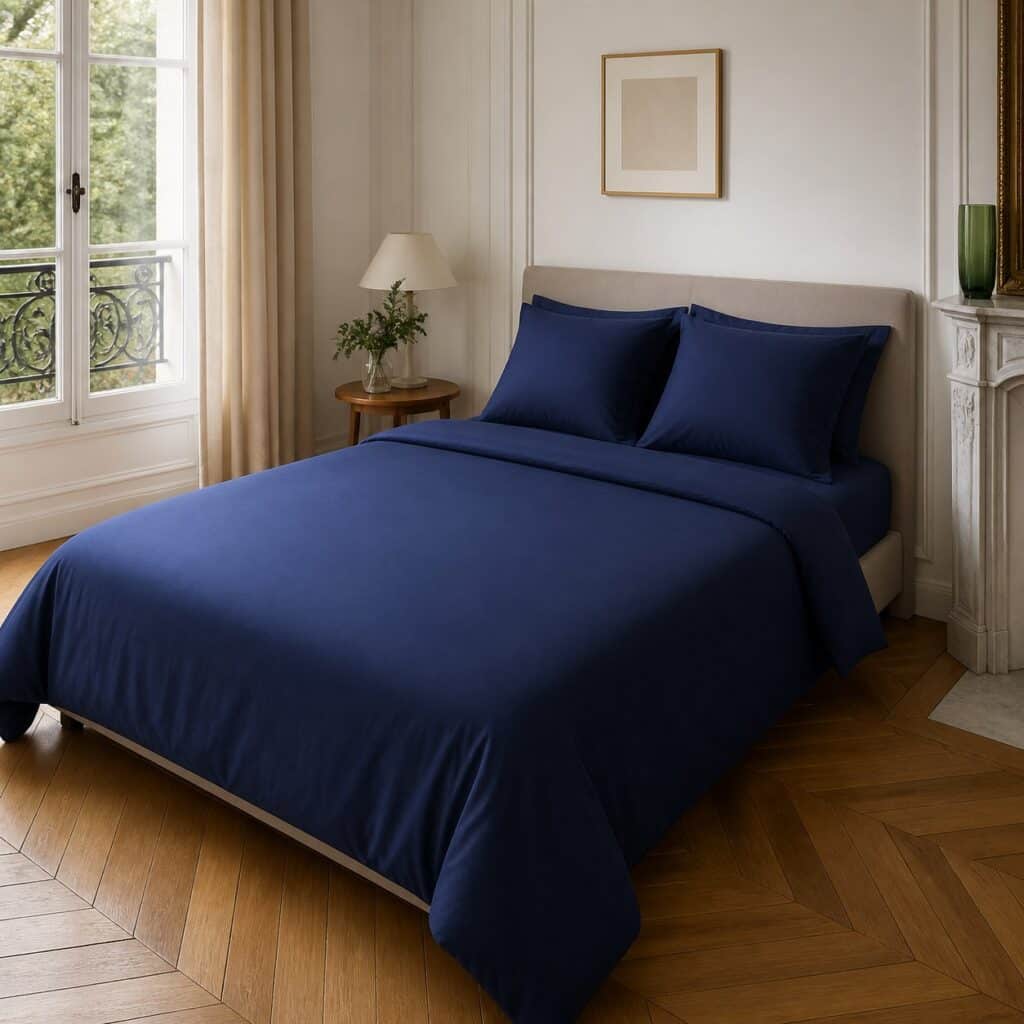 Housse de couette en percale vue de trois quarts sur un lit tiré au cordeau