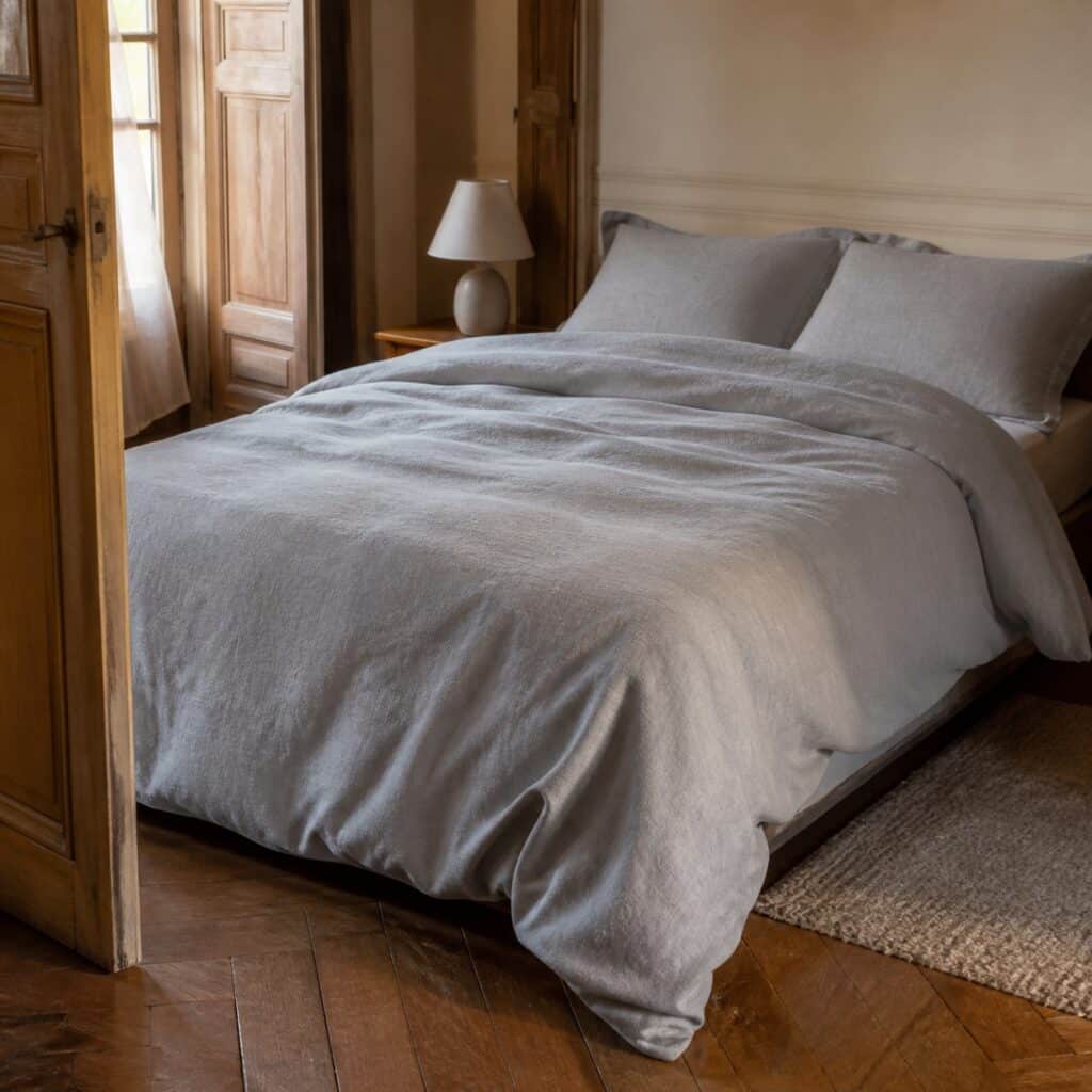 Housse de couette en flanelle installée sur un lit dans une chambre à parquet