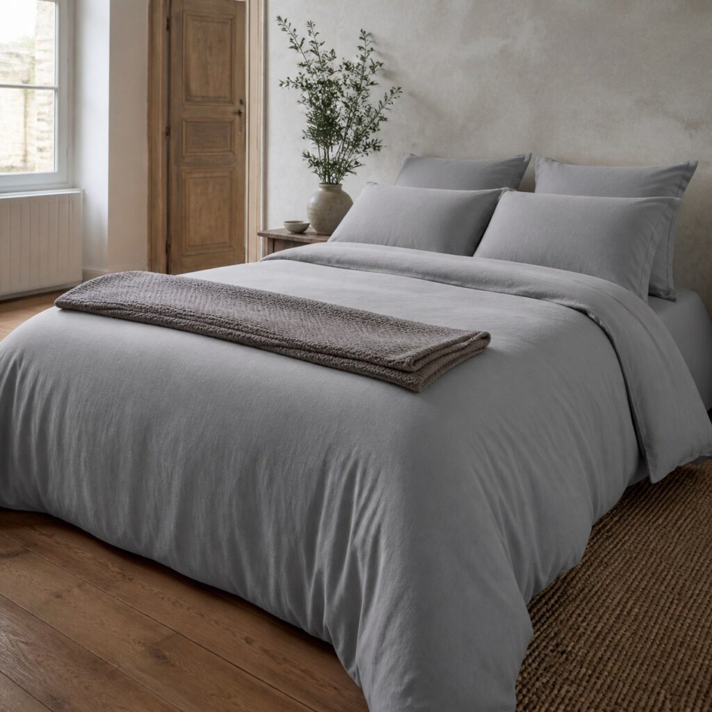 Housse de couette en flanelle vue de trois quarts avec un plaid au pied du lit
