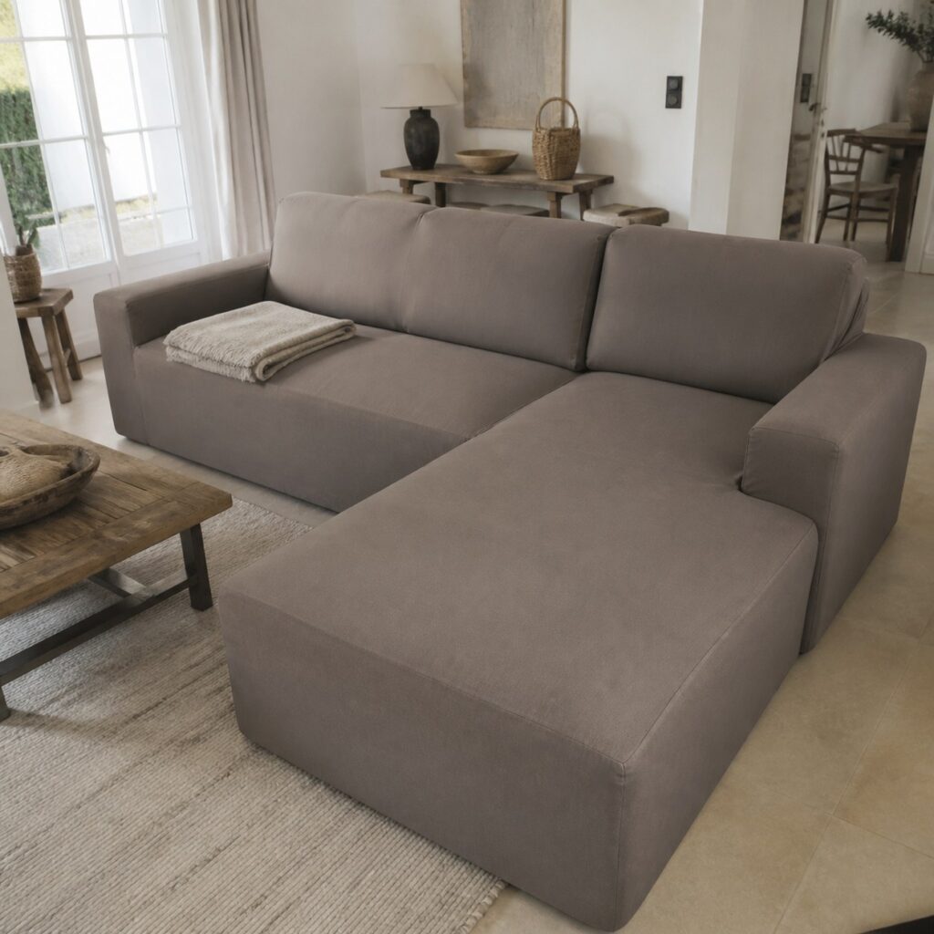 Vue large d'un canapé d'angle à méridienne habillé de taupe avec coussins et plaid