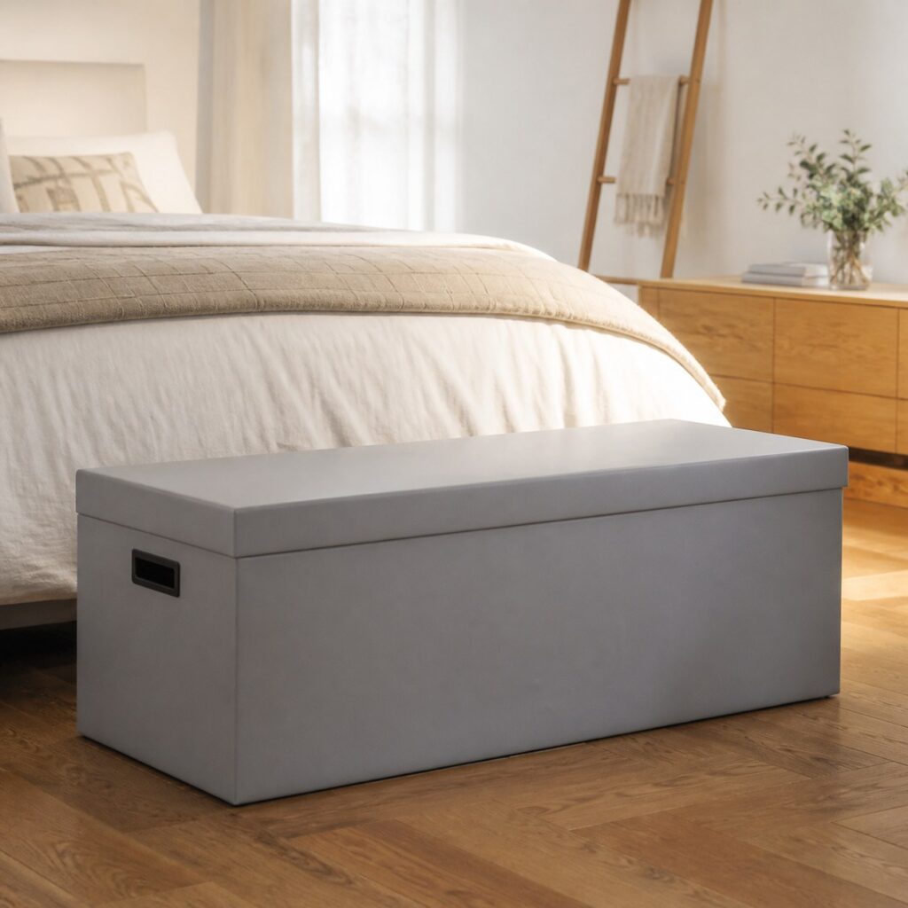 Malle de rangement grise posée au pied d'un lit dans une chambre claire