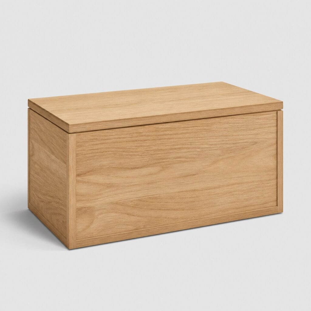 Malle de rangement d'intérieur en bois clair sur fond neutre