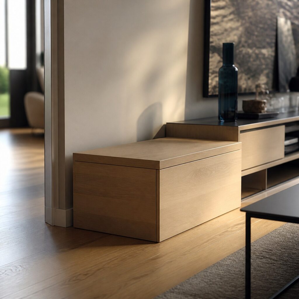 Malle d'intérieur en bois clair contre un mur de séjour près d'une console