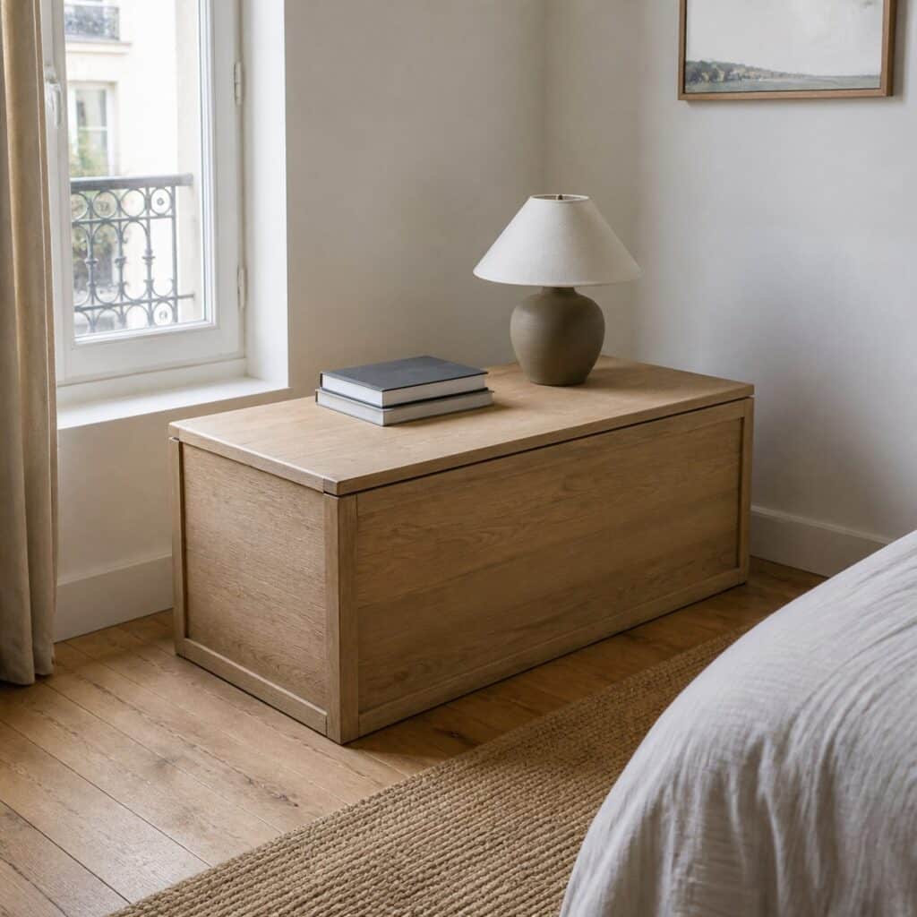 Malle d'intérieur en bois clair avec une lampe et des livres posés dessus