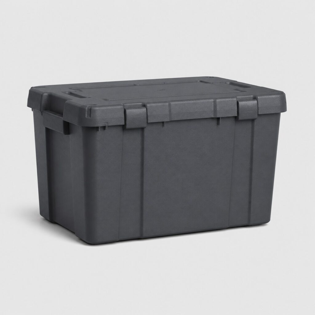 Malle de rangement en plastique gris anthracite à couvercle clipsé, sur fond neutre