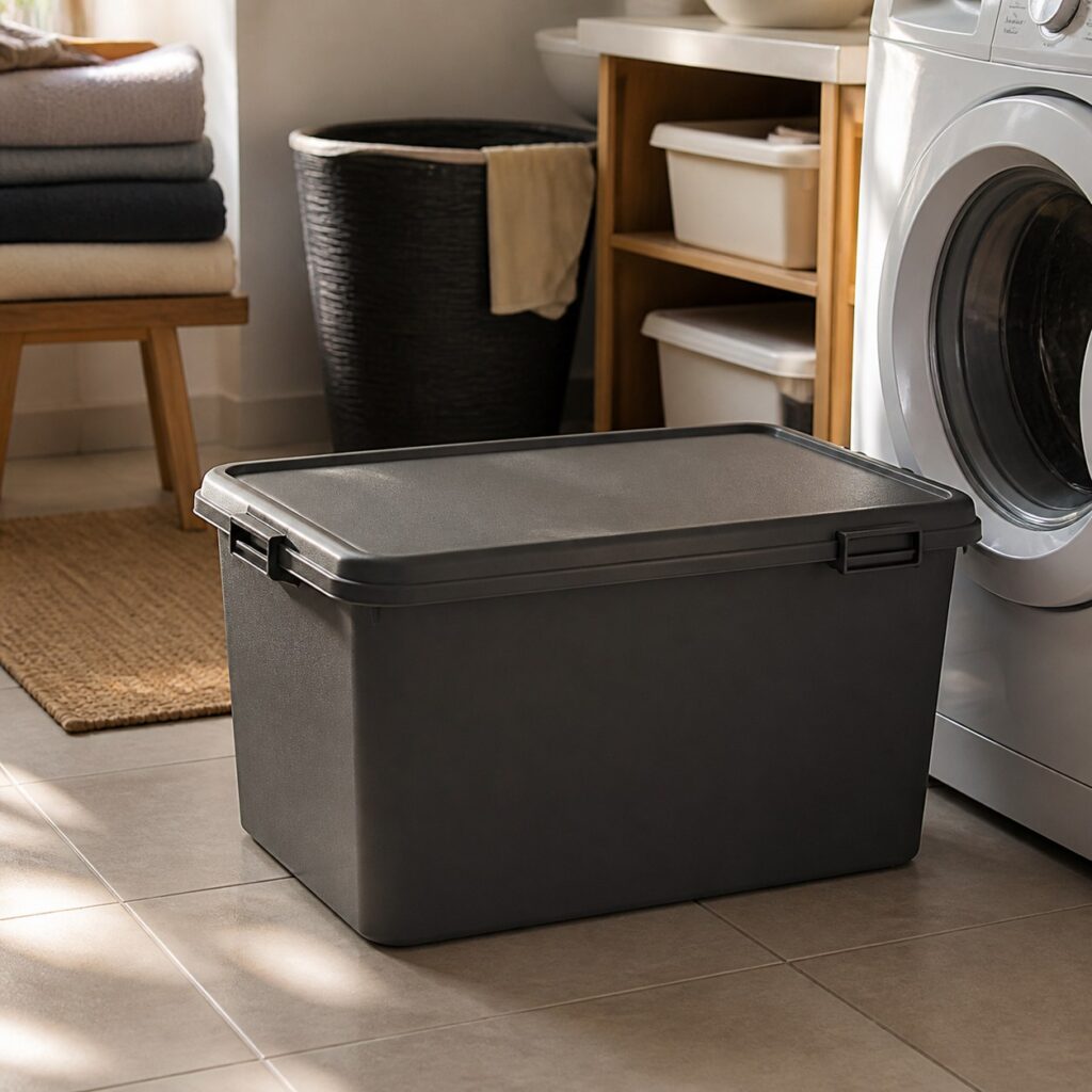 Malle en plastique gris posée dans une buanderie carrelée