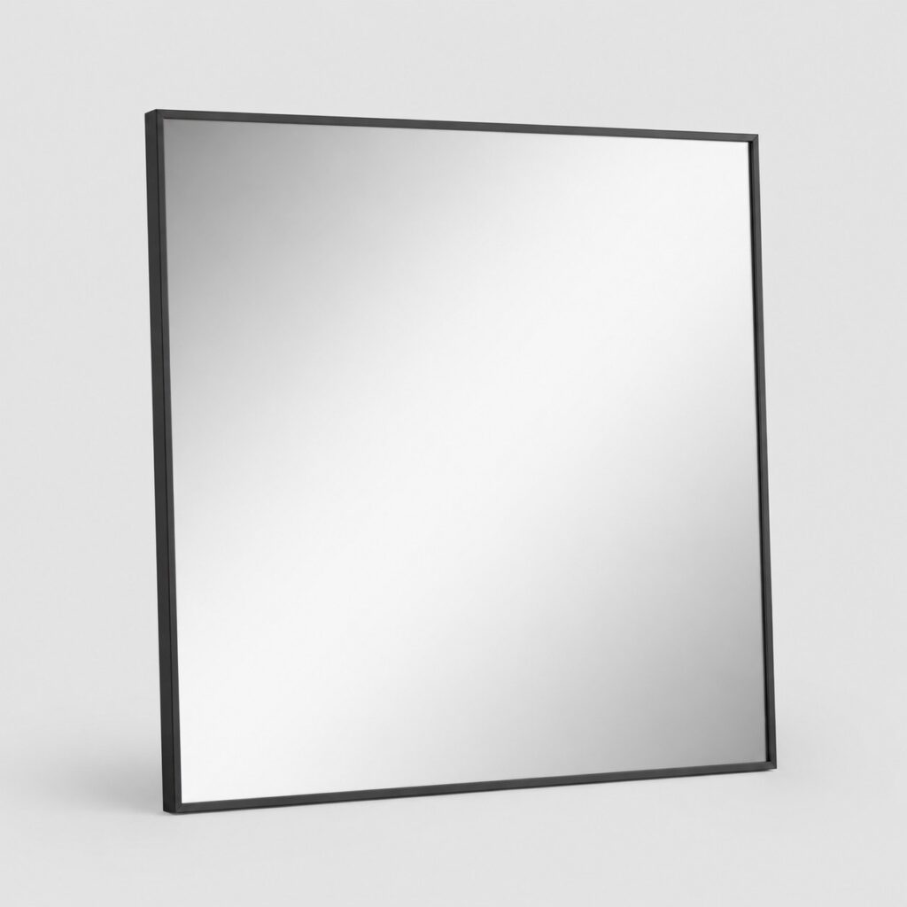 Grand miroir carré de salle de bain à cadre noir mat sur fond gris clair