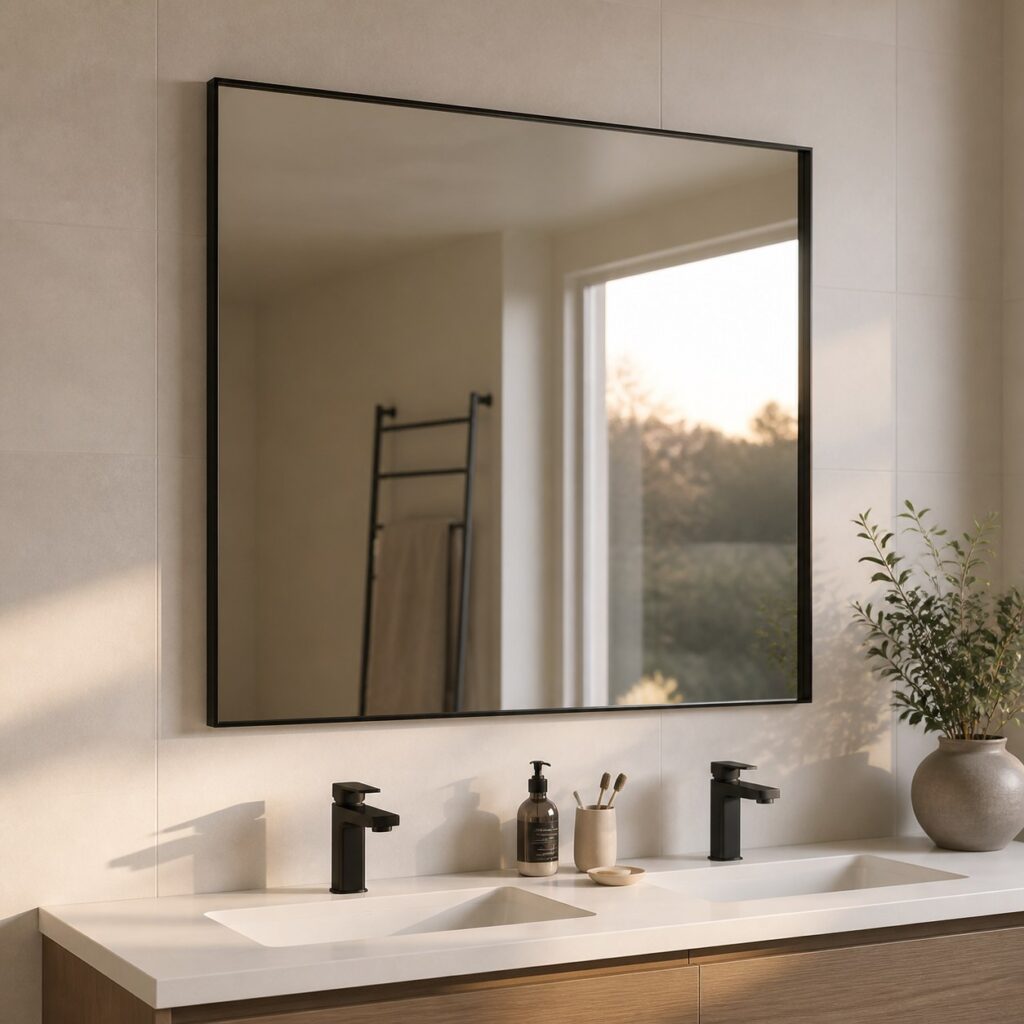 Grand miroir carré noir fixé au-dessus d'un plan de toilette à double vasque