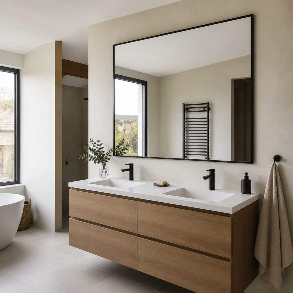 Grand miroir carré noir vu de biais dans une salle de bain spacieuse