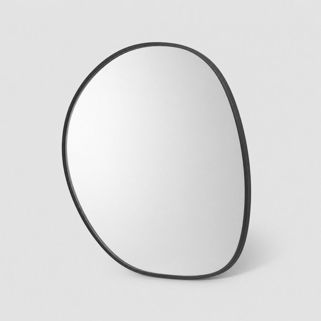 Miroir de salle de bain asymétrique à cadre noir mat sur fond gris clair