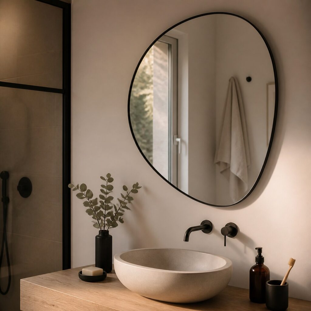 Miroir asymétrique noir fixé au-dessus d'une vasque sur un plan en bois clair