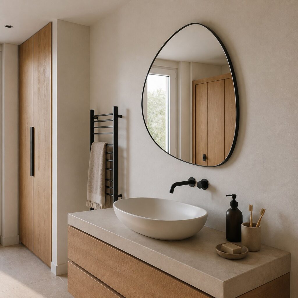 Miroir asymétrique noir vu de biais dans une salle d'eau contemporaine