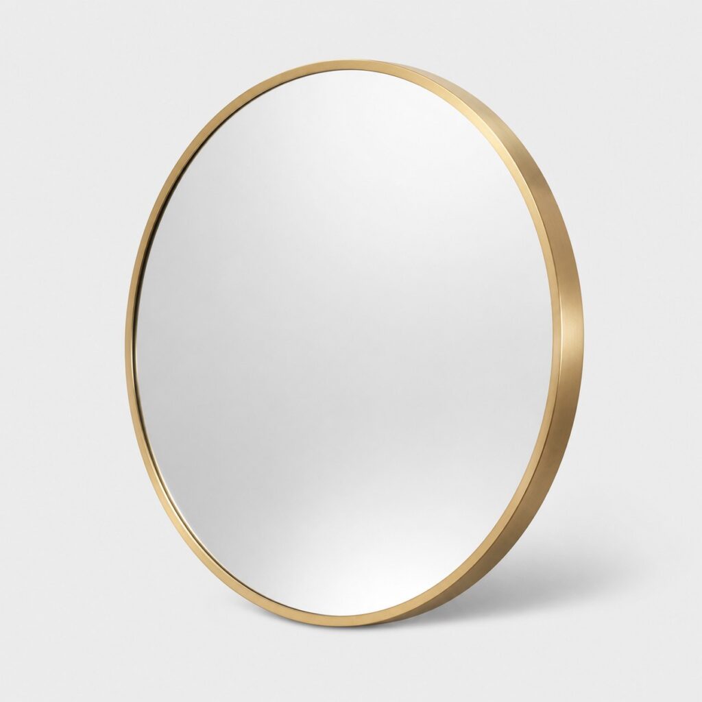 Miroir rond de salle de bain à cadre en métal doré brossé sur fond gris clair