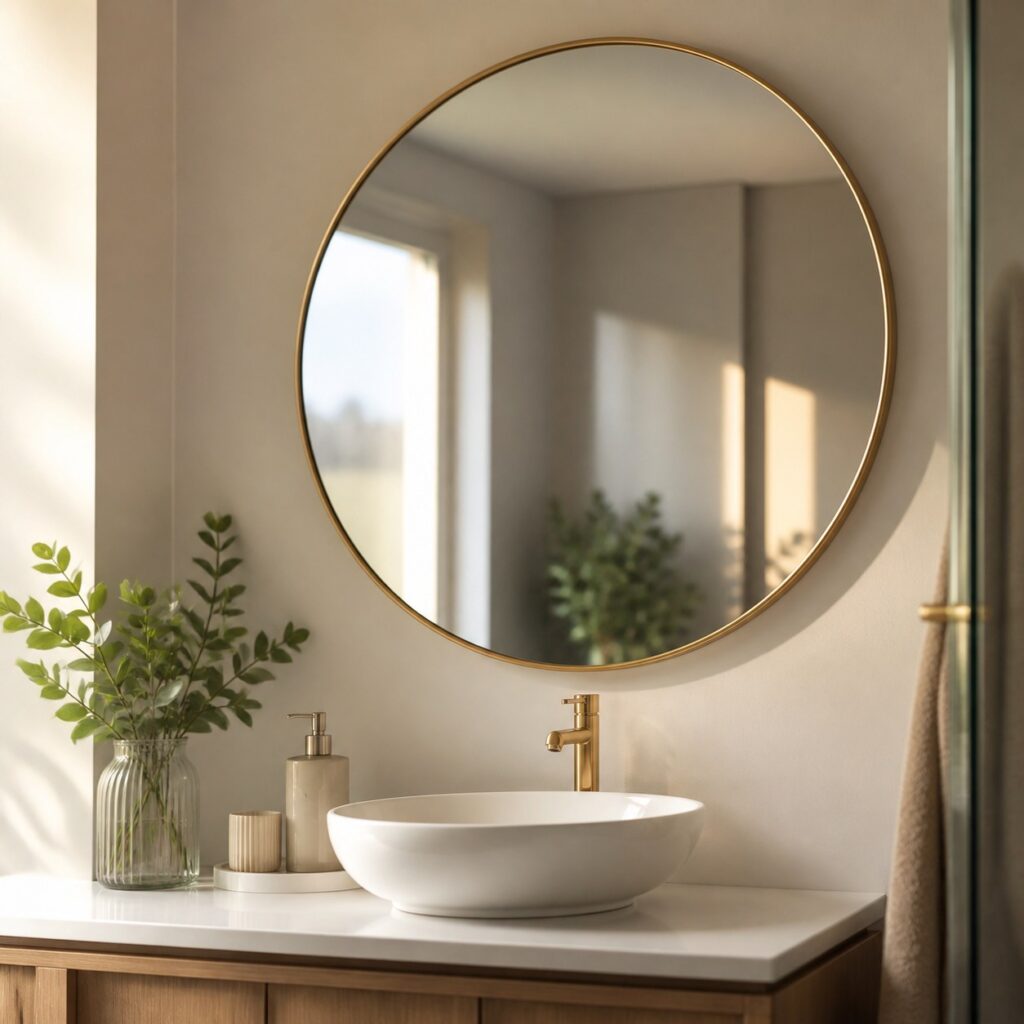 Miroir rond doré fixé au-dessus d'une vasque en céramique blanche