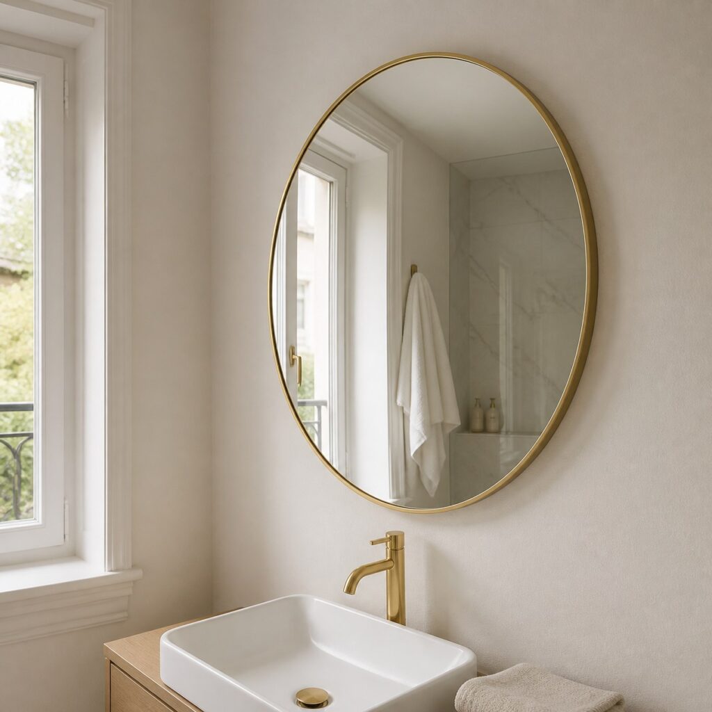 Miroir rond doré vu de trois quarts avec un mitigeur doré et une serviette