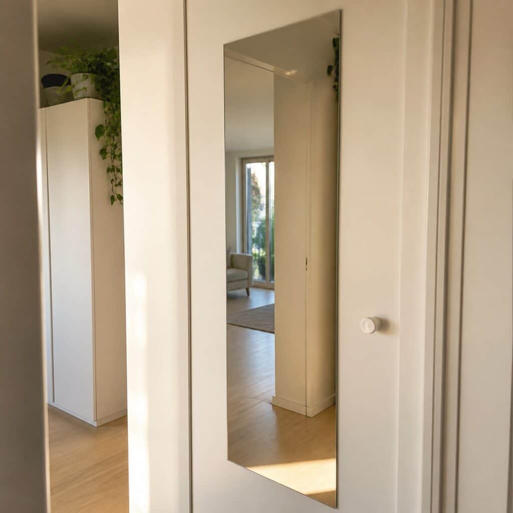 Miroir collé sur une porte de placard blanche dans un couloir